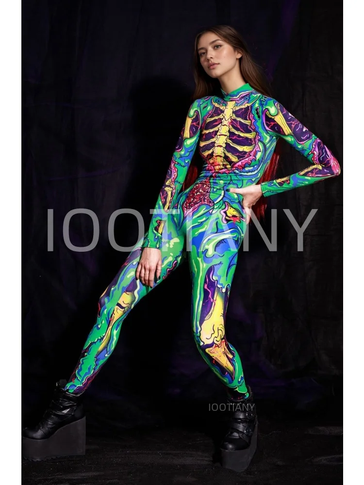 Damen-Party-Kostüm für Feiertage, Cyberpunk-Comic-Zombie-Bodysuit, Halloween, lustiges Cosplay-Skelett-Kostüm, Karneval, Stretch-Strumpfhose, Jumpsuit – Detail 9