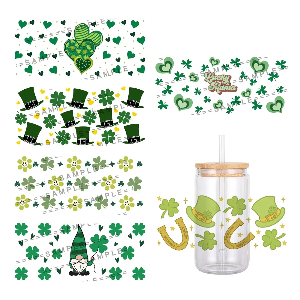 

11x24cm Lucky Saint Patrick's Day Green Pattern UV DTF Transfer Sticker Waterproof Transfers For 16oz Glass Cup Wrap Stickers