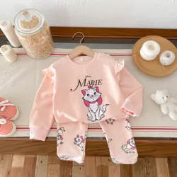 Lovely Cartoon Baby Girl Long Sleeve Suit Disney Cat Children Sweatshirts Set Tops + Leggings Girls Two Piece Set Autumn Clothes