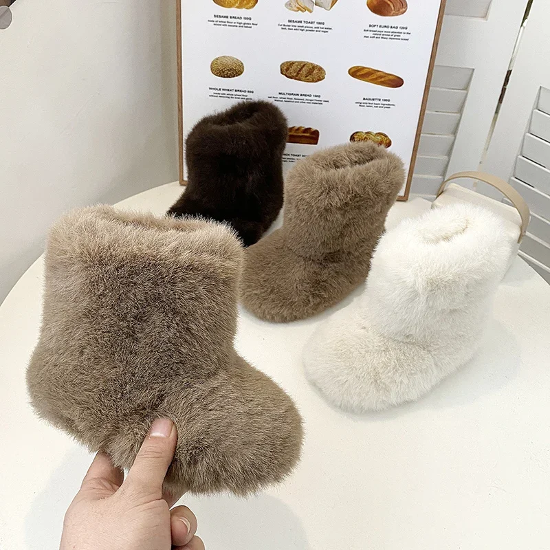 

New Girl Winter Boots Soft Bottom Children Fluffy Ankle Boots Solid Color Round-toe Kids Fashion Causal Cotton Boots Fur Warm