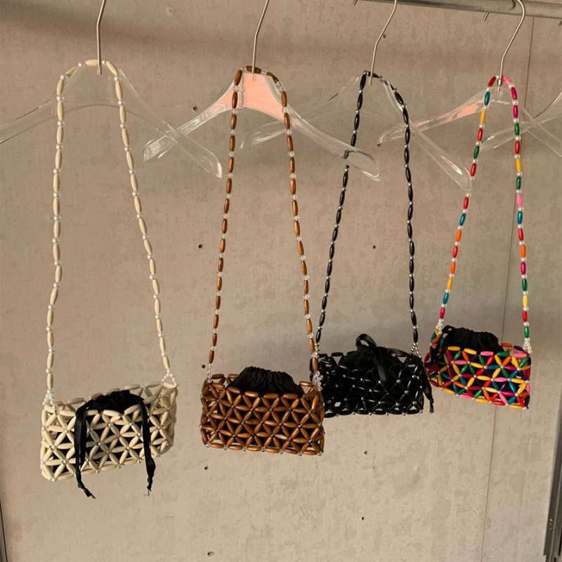 حقيبة منسوجة مطرزة بالخرز من الخشب الطبيعي مصنوعة يدويًا، حقيبة كتف نسائية بوهو، محفظة عصرية بلون الحلوى مع محفظة مطرزة بجيب داخلي