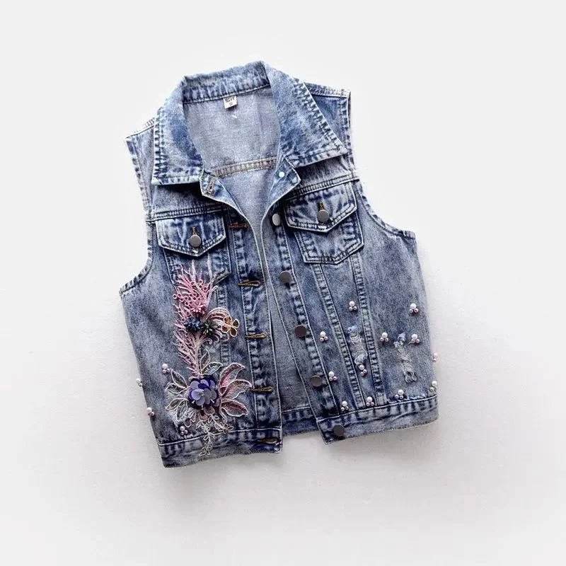 2024 Student Vest Slim Short Jacket Embroidery Flowers Sleeveless Denim Vest Women\'s Beaded Waistcoat Hole Jeans Vest Coat Girl