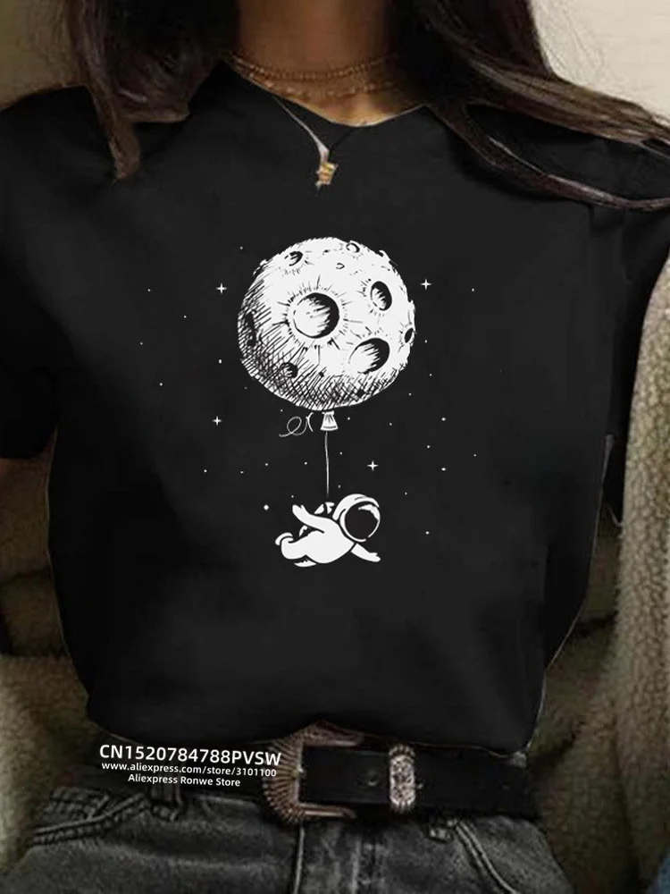 Camiseta con estampado de Harajuku Luna para mujer, remera negra con estampado de dibujos animados para chica de los 90, playera informal Kawaii