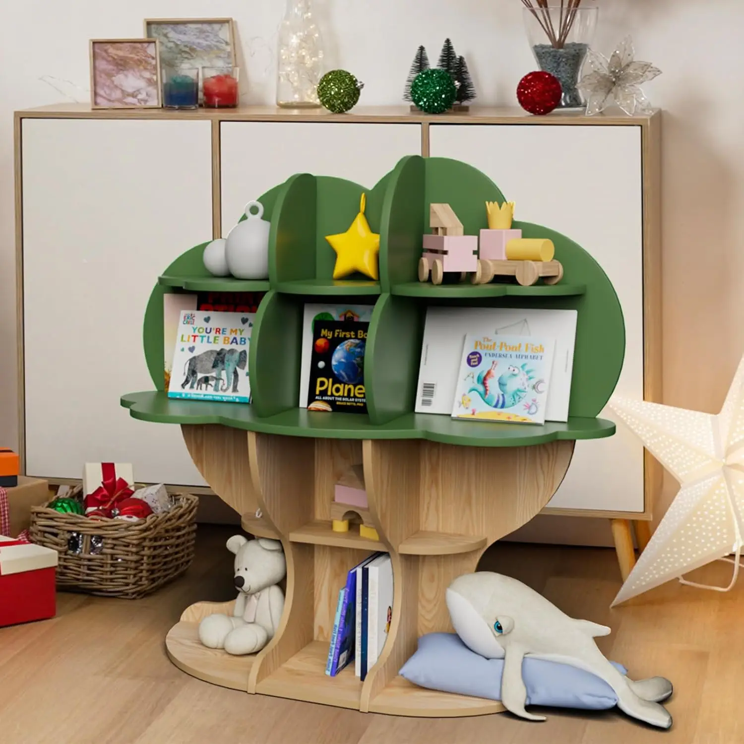 Tree Kids Bookshelf Toddler Bookcase 4-Tier Baby Book Rack Children Toy Storage Organizer Wood Display Shelf for Nursery Playroo