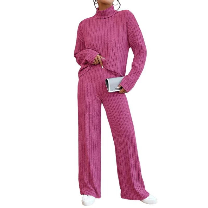 

High Collar Knitted Outfits Women Solid Warm Winter 2Pcs Long Sleeve Sweater Tops and Elastic Waist Pants Suit Casual Streetwear