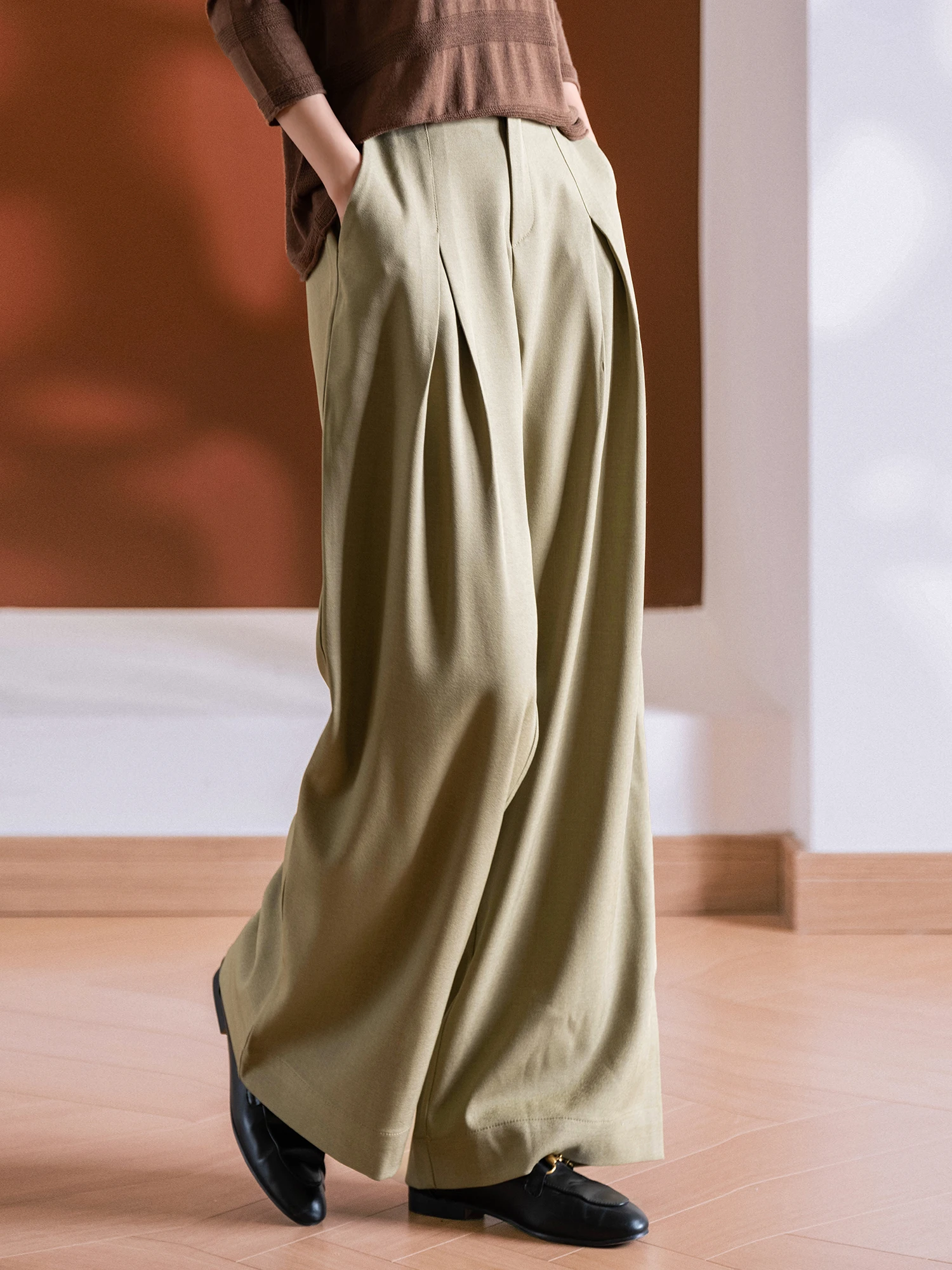 

Ele Loose High Quali Cotton Pleated Easy Care Slimming Wide Leg Pants for Women Autumn l Waist Polyester Fiber