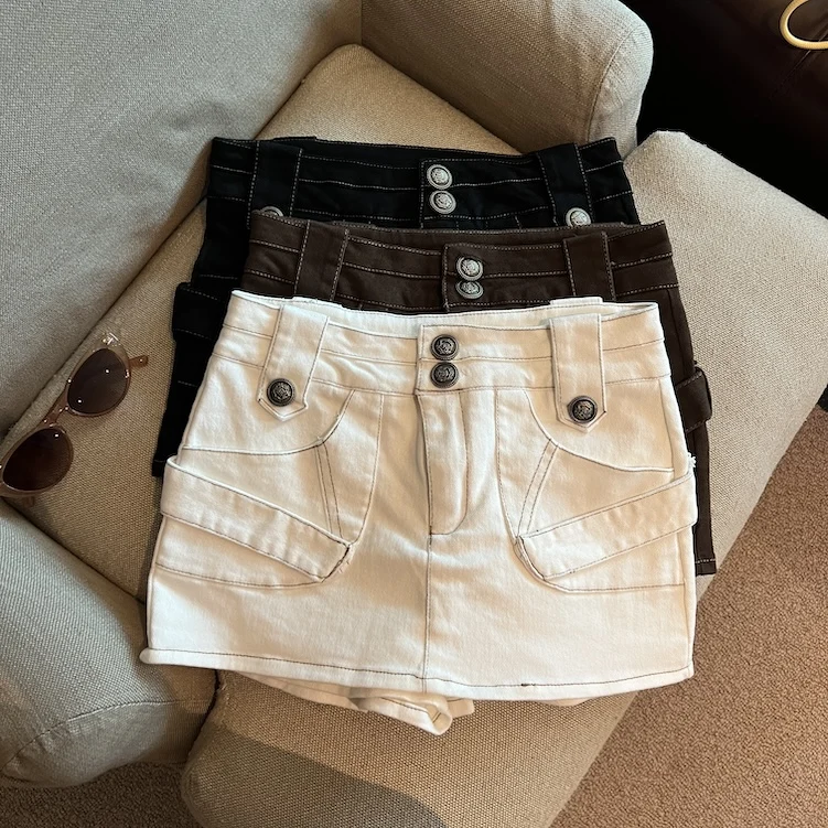 Women's Summer Chic Bright Line Mid Waist Slim Shorts Skirt Lady Streetwear Two Buttons Mini Shorts Skirt