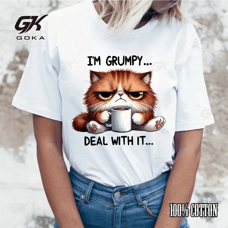 Funny Cat I'M Grumpy Deal With Is T Shirt Unisex Short Sleeve O Neck Summer Casual Letter Printing Women T-Shirt Top Tee