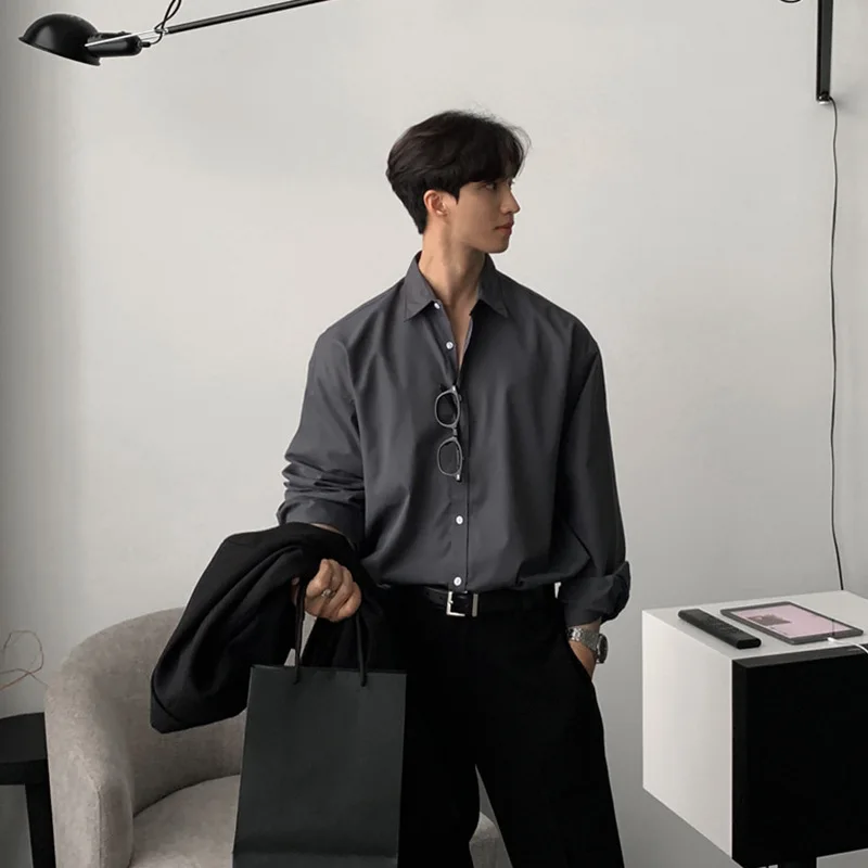 

Men's Loose Casual Simple Basic Trendy Daily Long Sleeve Turn-down Collar Shirts Male Korean Style 2026 New Fashion Top Clothes