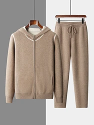 Men's 100% Cashmere Sweater Suit Hooded Cardigan Cashmere Pants Thick Warm Knitwear Autumn Winter Smart Casual Trousers Tops