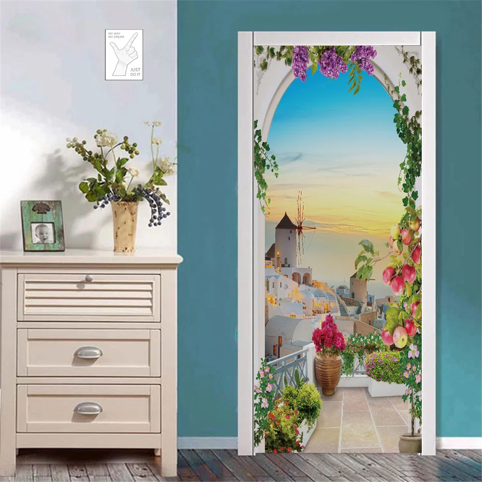 Wreath Arch Door Stickers Flowers 3D Wallpaper Self-Adhesive PVC Scenery Wall Sticker BedRoom Decor Mural Design Decal