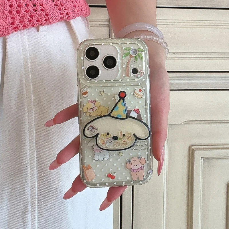 Clear Yellow Polka Dot Cute Dog Phone Case For iPhone 17 Pro 16 15 14 Pro Max Cover with Shaking Stand Shockproof Protective Cas