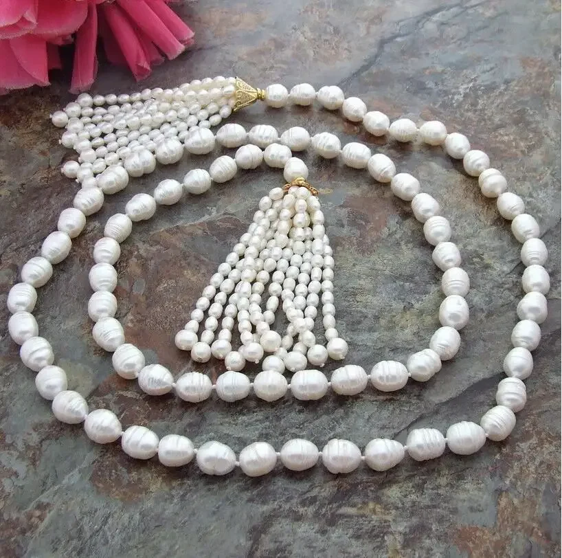 

9x11mm white rice freshwater cultured pearl micro inlay zircon accessories tassel pearl sweater necklace long 114cm