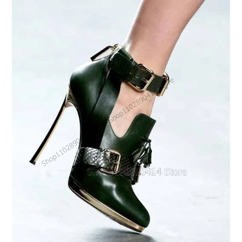 

Green Alligator Print Tassels Metal Heel Pumps Ankle Buckle Strap Women Shoes Pointed Toe Fashion Party 2025 Zapatos Para Mujere
