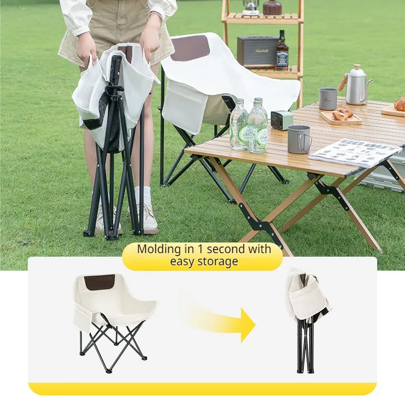 Portable Folding Moon Chair Outdoor Camping Fishing Stool Leisure Reclining Chair with Storage Pockets Lightweight Easy To Carry