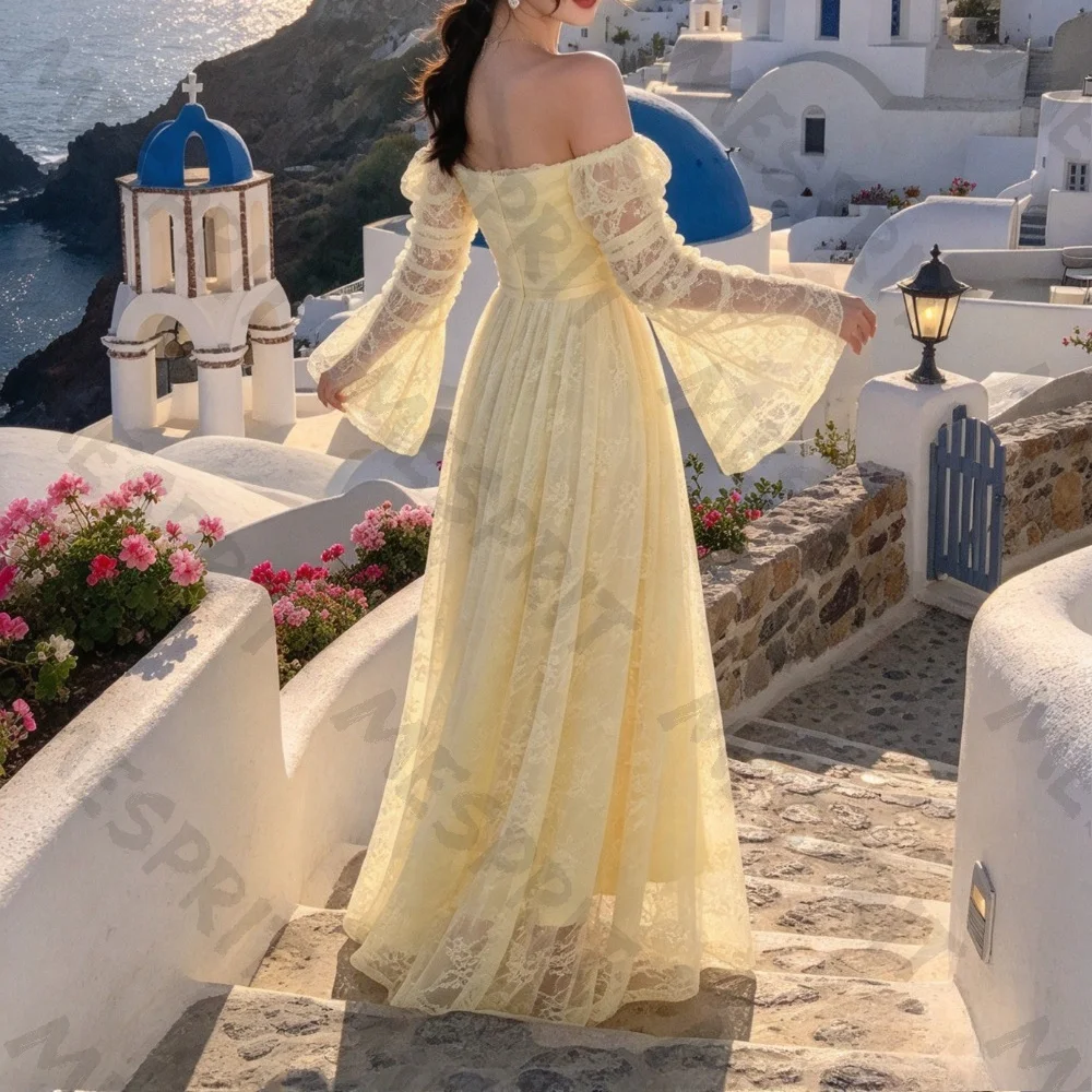 Customized Off Shoulder A-line Transparent Lace Evening Dresses 2026 Bell Sleeves Floor Length Ball Gown Suitable for Beaches