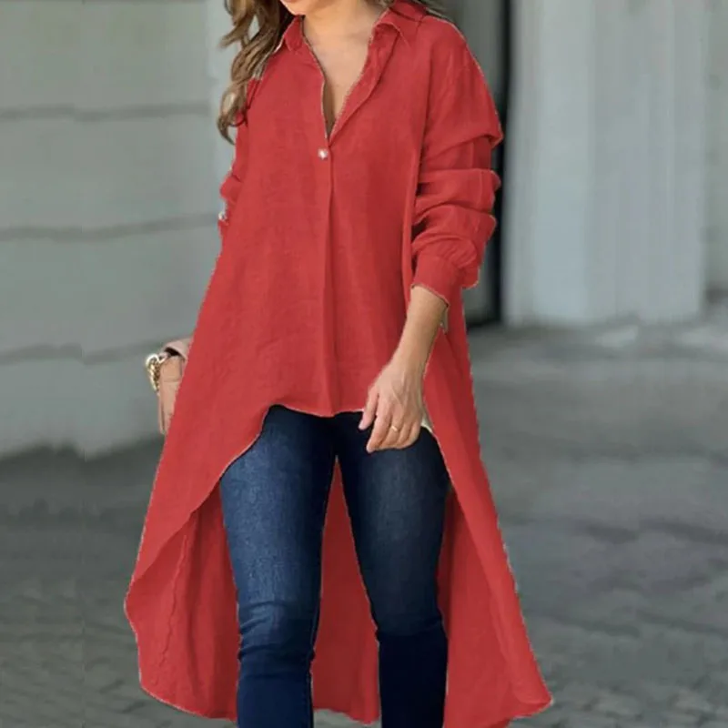 Blusa informal de manga larga para mujer, Camisa larga con cuello vuelto, holgada, a la moda, de un solo pecho