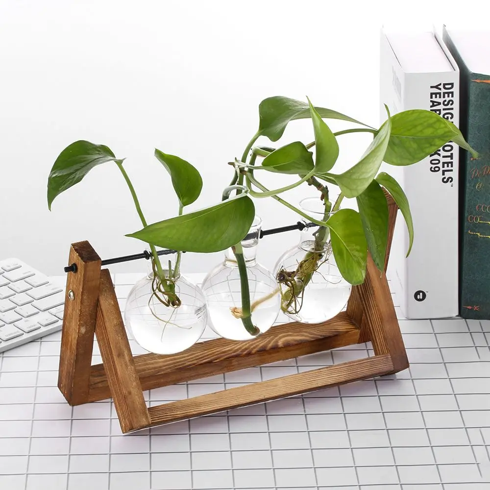 Hydroponic Plant Vases Terrarium Tabletop Wooden Frame Glass Vase Flower Pot Vintage Design Bonsai Planter Home Decoration