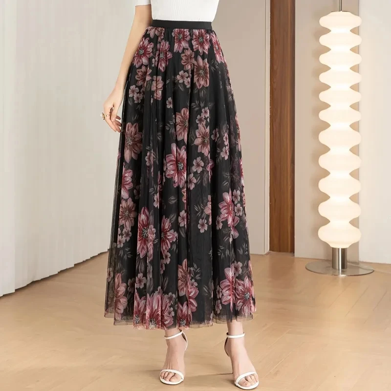 

2024 New,Spring Autumn Long Mesh Skirt, For Women Clothing ,Print Dance Skirts, Retro Elastic High Waisted A-line Pleated Skirt