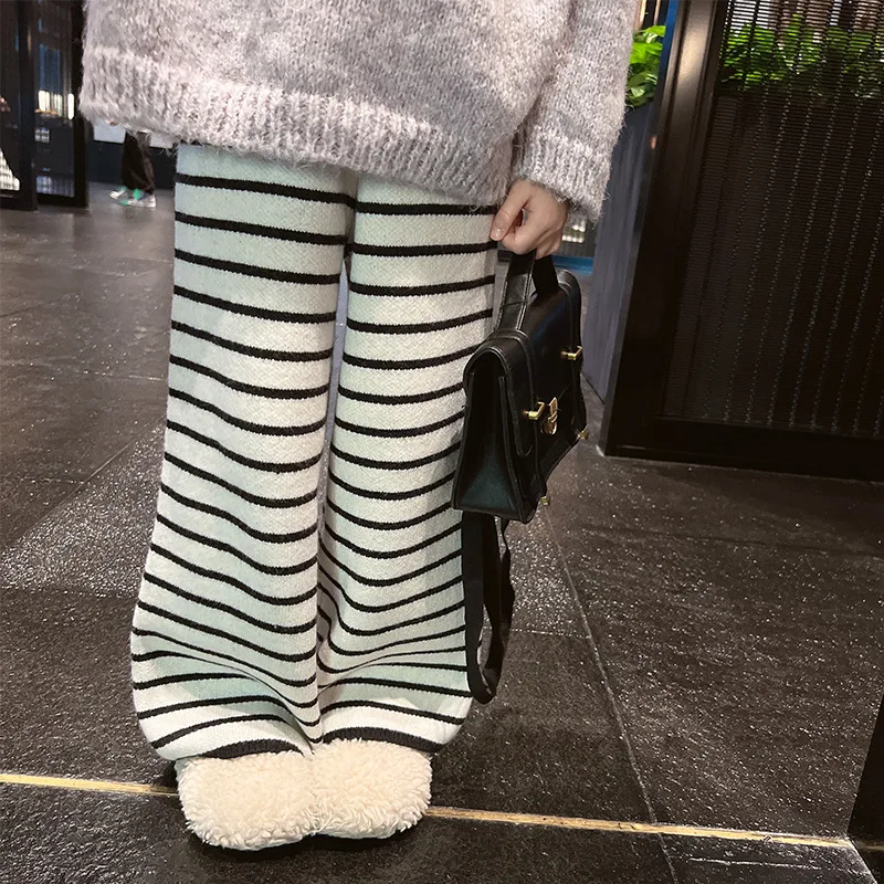 

Wide Leg Pants Girls Autumn New Warm Stripe Casual Pants Korean Fashion Versatile Tide Strped 2023 Childrens Clothing