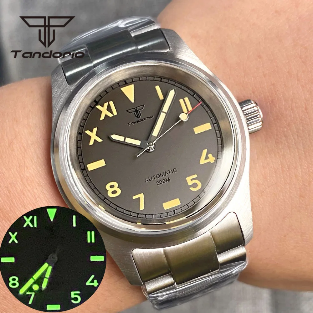 Tandorio 36mm Pilot Stainless Steel 200m Men Dive Luminous Automatic Watch NH35A PT5000 Movement Sapphire Glass Screw Crown