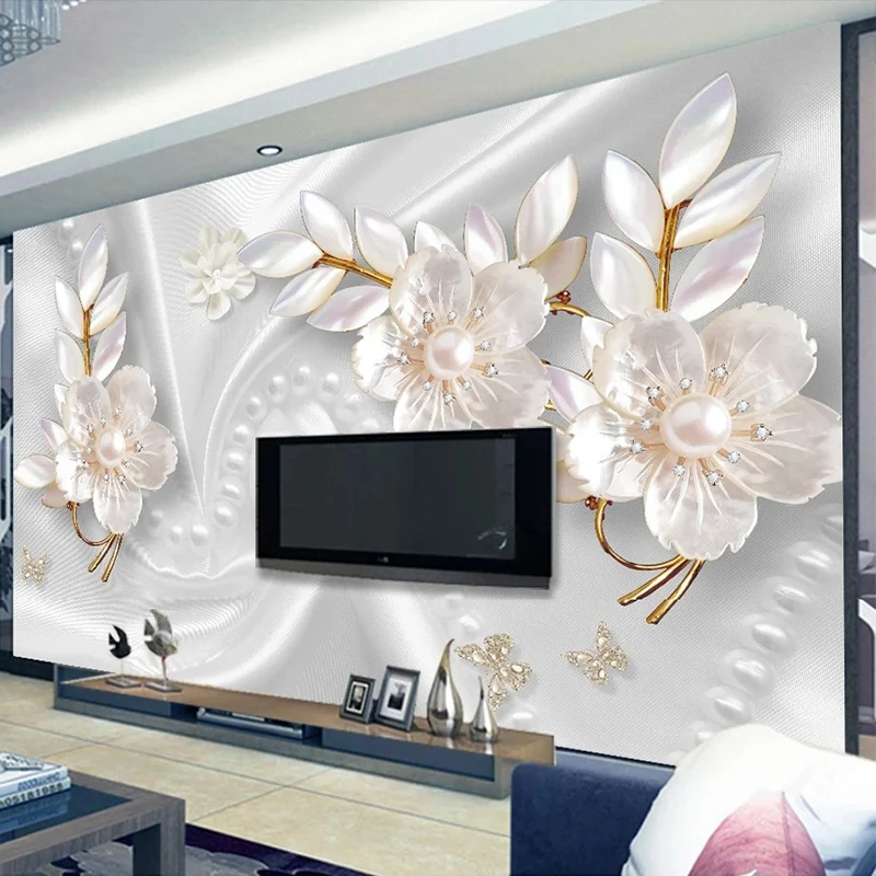 Custom Mural Wallpaper Modern White Jewelry Flower 3D Wall Paper Living Room Bedroom TV Background Home Decor Papel De Parede