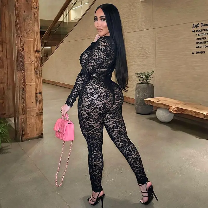 

Женский комбинезон на молнии с кружевом, с высокой талией, длинные брюки, из полиэфирного волокна, зимняя коллекция, модный женский цельный костюм
