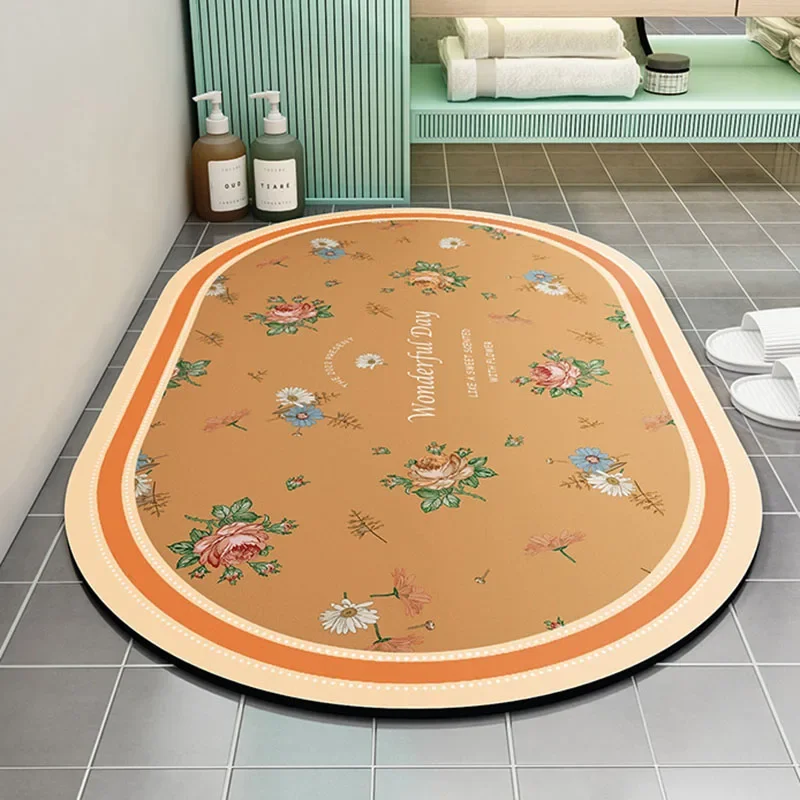 Pastoral Print Diatom Mud Bathroom Mat Oval Entrance Non-Slip Footpad for Toilet Water Absorbtion Easy-Cleaning Floor Carpet