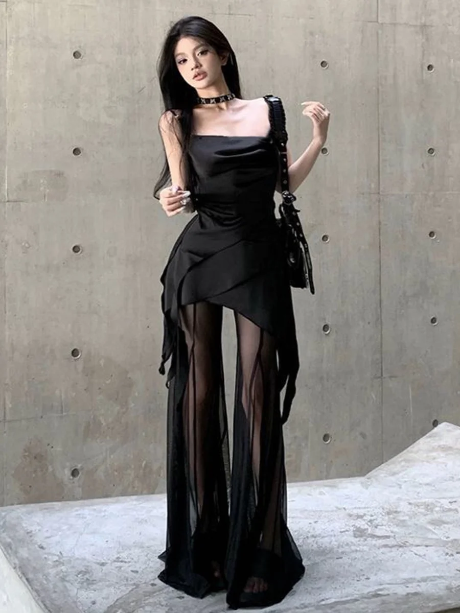 Elegant Sister Set Spicy Girl Strap Top Women's Autumn New Netting Slim High Waist Wide Leg Long Pants Casual Commute Style