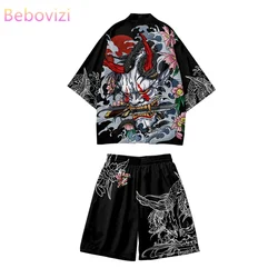 Conjunto de quimono e shorts masculinos de duas peças, traje de Cosplay Anime, Samurai Haori, praia Yukata, estampa japonesa, Haori, Harajuku