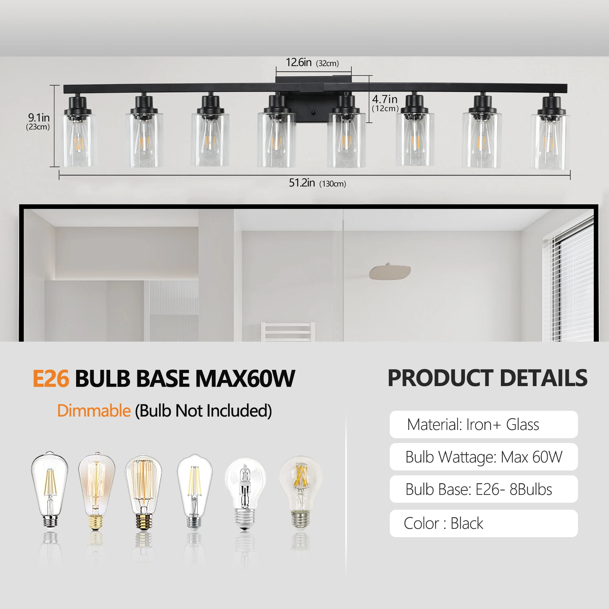 8-Light Bathroom Vanity Light Industrial Metal Fixture with Clear Glass Shades Wall Mount Mirror Lighting for Bathroom (No Bulb)