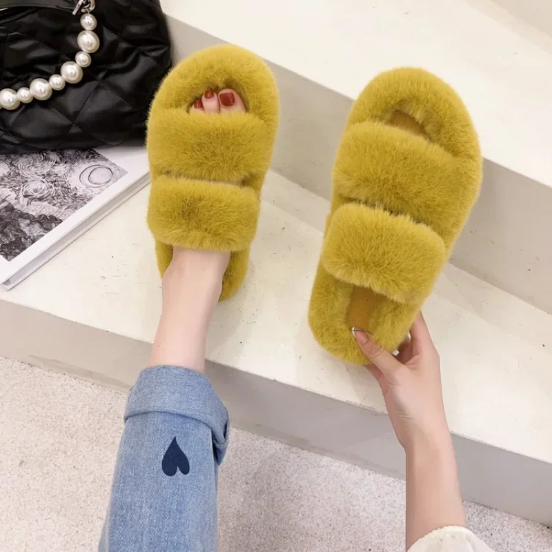 Fashion One Word Thick Fur Slippers Double Fur Slippers Casual Home Cotton Shoes for Women Flat Plush Cross Straps Slippers2024