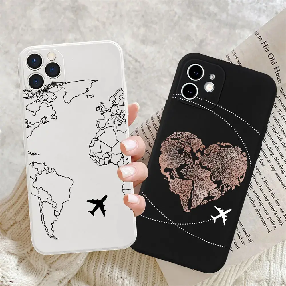 Luxury Popular Planes World Map Travel Silicone Case For iPhone16 11 12 13 14 15 Pro MAX XS XR 8Plus Cute Candy Matte Soft Cover