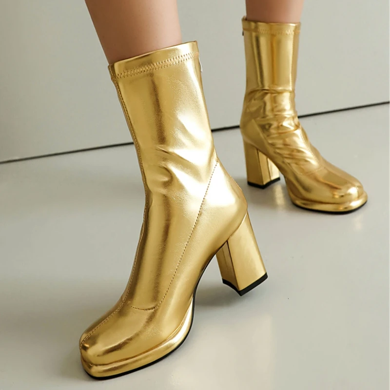 Elegant Winter Ankle Boots for Women 2024 Gold Silver Black White Short Boot Fashion Zipper Dance Party Shoes Lady Large Size 45
