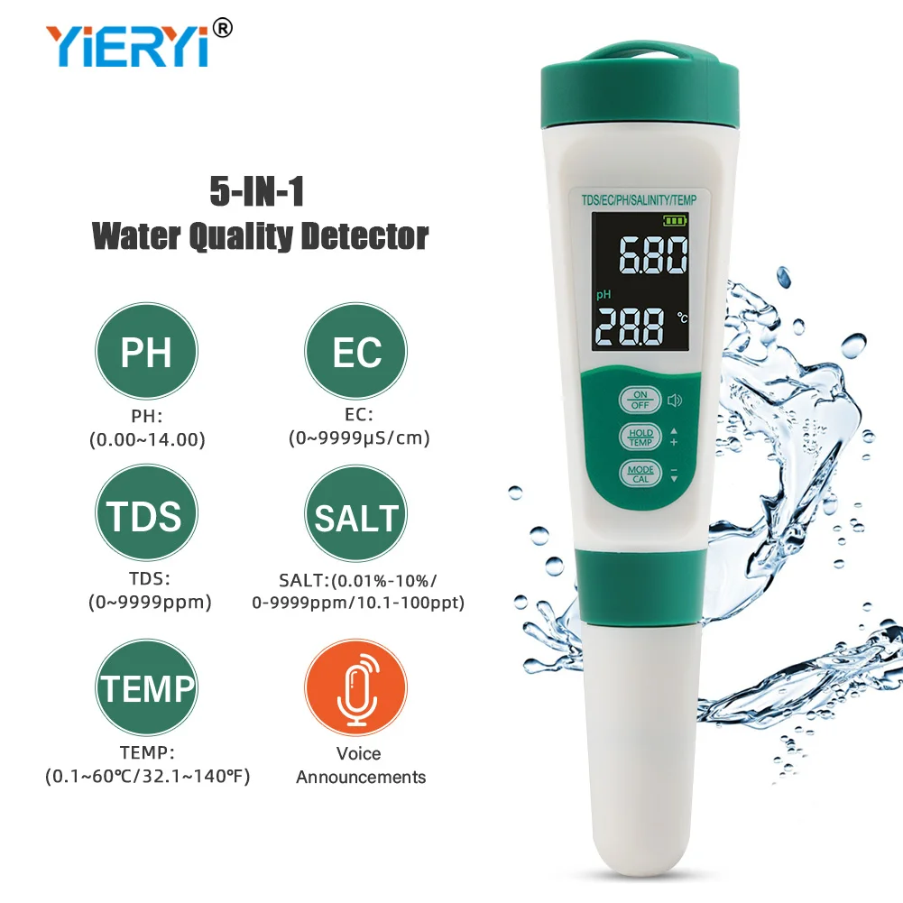 5 IN 1 Voice PH Meter Digital LCD Water Quality Tester PH/EC/TDS/SALT/TEMP Monitor Tester for Aquarium Swimming Pool