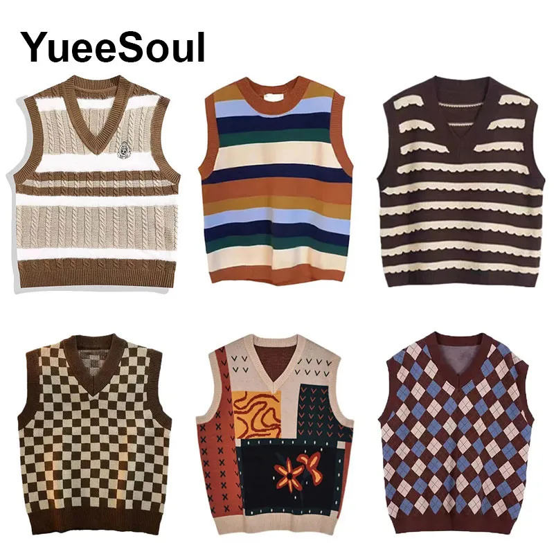 Japan Style Vintage Brown Women Knit Vest V Neck Sleeveless Loose Oversized Sweater Vest 2023 New Autumn Y2K Waistcoat Outerwear