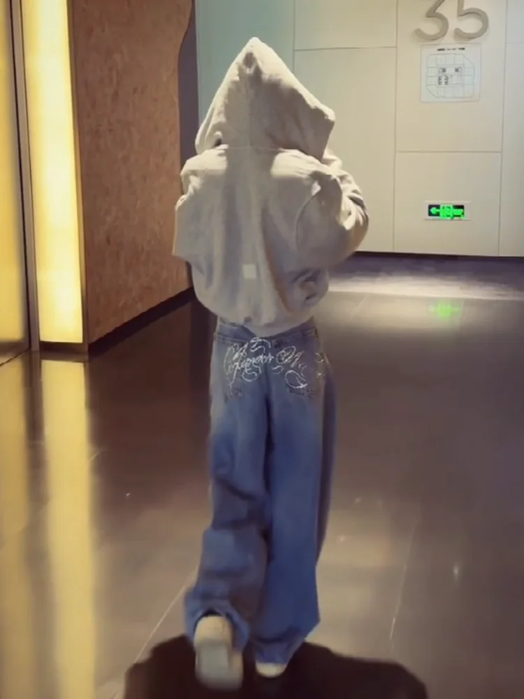 Sweet Cool Heavy Duty Rhinestone Denim Jeans Women's Summer Loose Slim Straight Wide Leg Pants Casual High Waist Long Trousers
