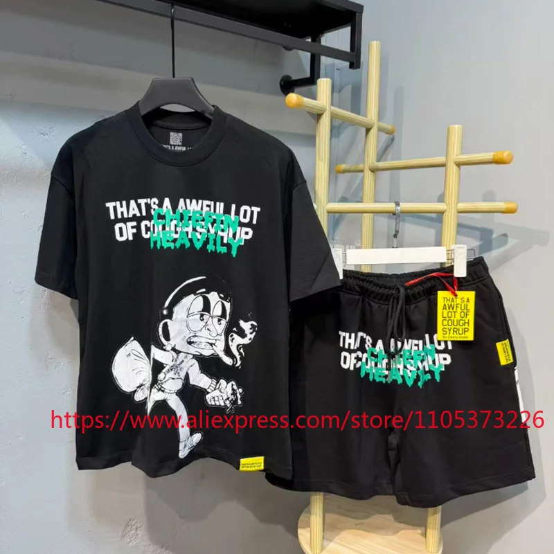 2026 Summer New That's A Awful Lot of Cough Syrup Men's Cartoon Print T-Shirt and Shorts Set Casual Streetwear Two Piece Outfit