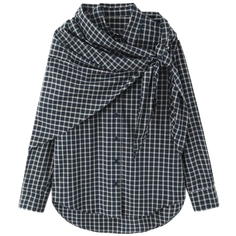 

Женская рубашка в клетку с накидкой-шарфом, 100% хлопок, на пуговицах, повседневный многослойный топ, весна 2026