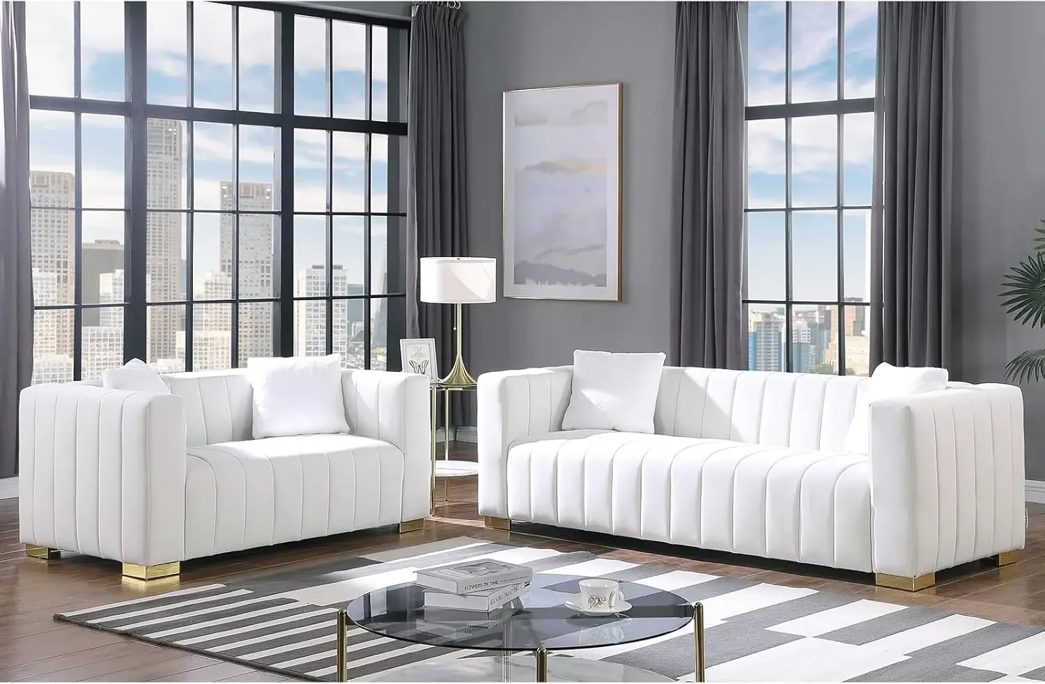 2 Piece Living Room Furniture Set, Including Loveseat and 3-Seater Sofa Couch with Channel Tufted Velvet Fabric