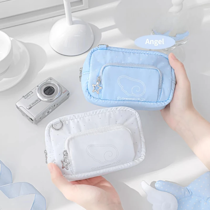 Angel Wings Portable Storage Bag Kawaii Cotton Makeup Bags for Girls Y2k Style Coin Purse with Chain Student Pencil Case 2026