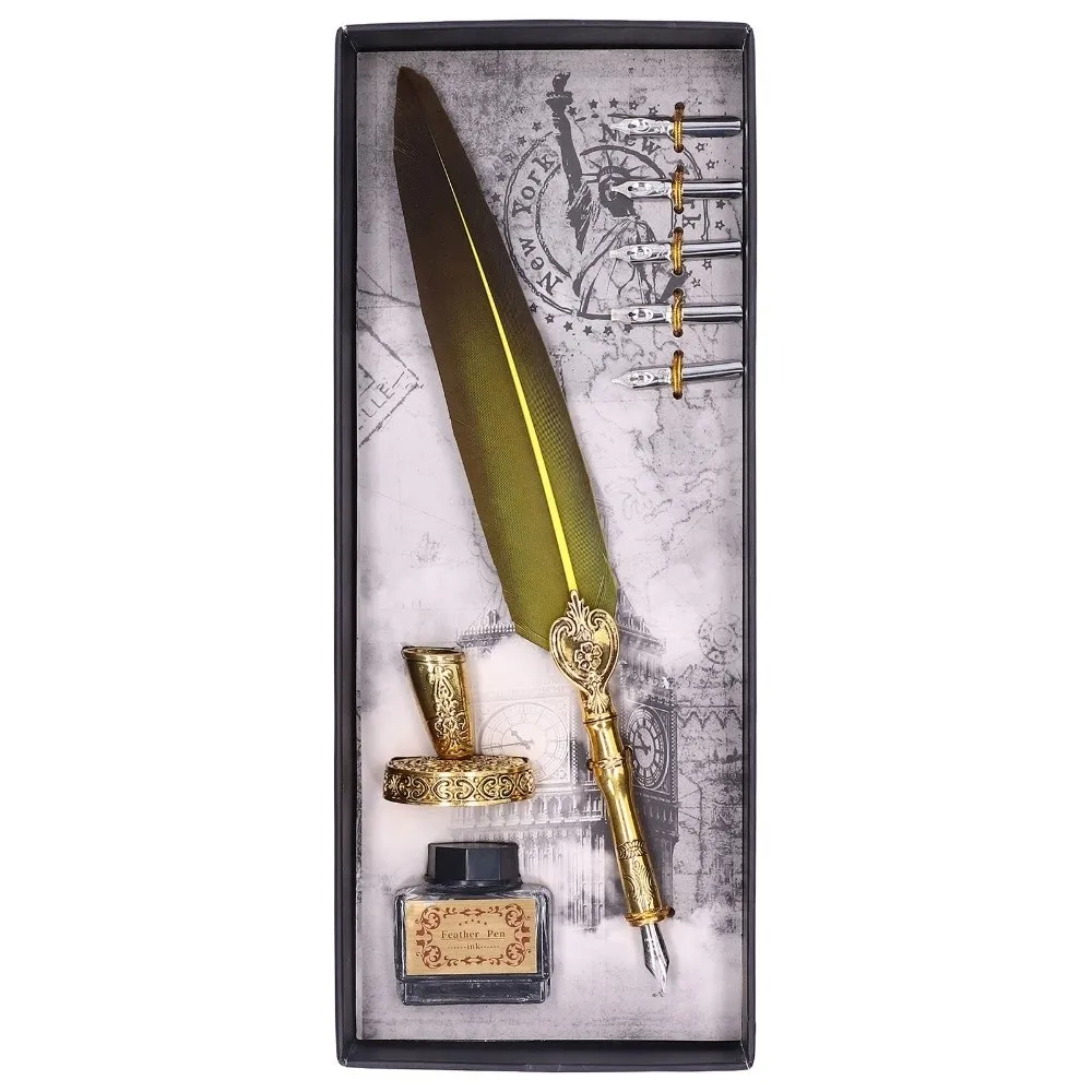 Gifts Metal Nib Feather Quill Pen Retro Style With Ink Bottle Dip Pen Set European Vintage With Gift Box Calligraphy Pen Office