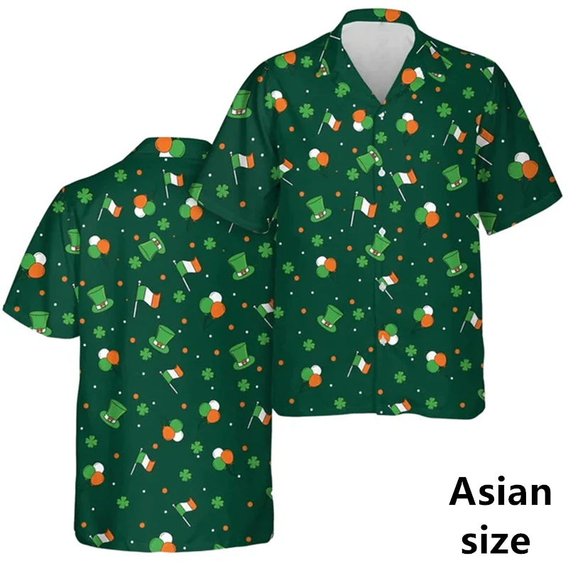 

St. Patrick's Day Men Hawaiian Shirt Spring New 3D Printed Green Lucky Clover Shirts Button Short Sleeves Holiday Beach Blouse