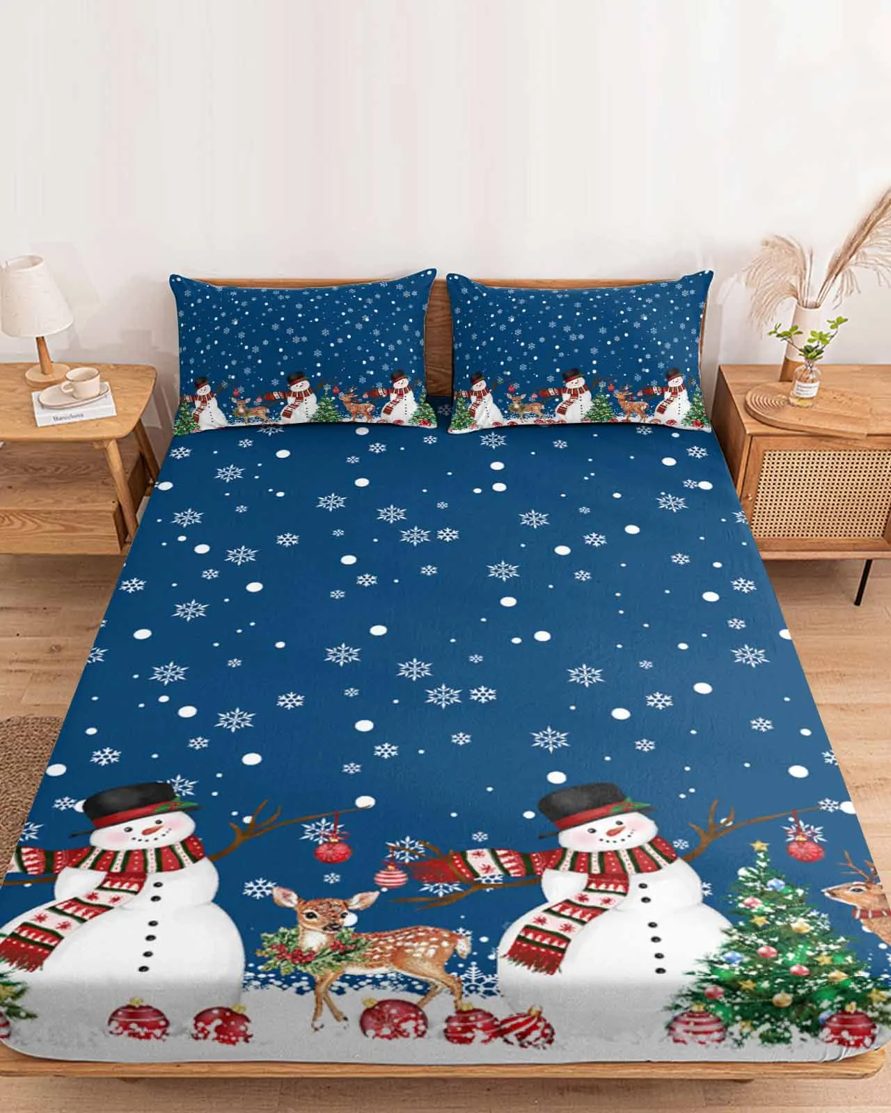 

Winter Snowflakes Christmas Tree Deer Polyester Fitted Sheet Mattress Cover Four Corners Elastic Band Bed Sheet Pilllowcase