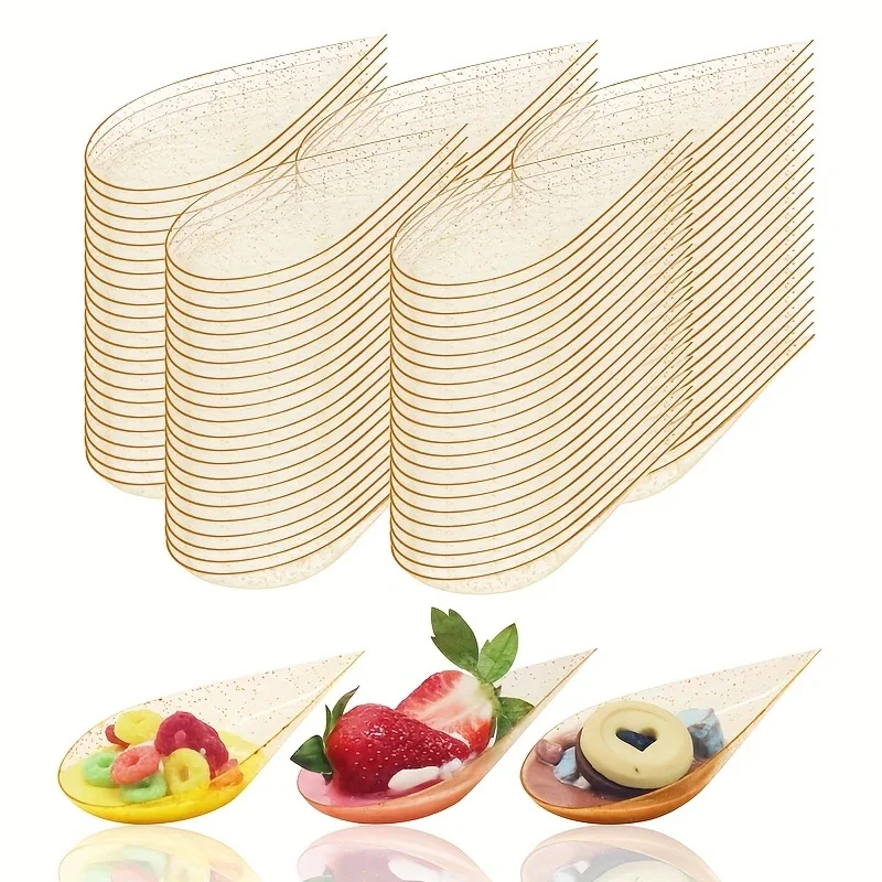 50Pcs Tear Drop Mini Appetizer Plates, Reusable Plastic Tasting Spoons, Desserts and Appetizers Dishes Serving Plates