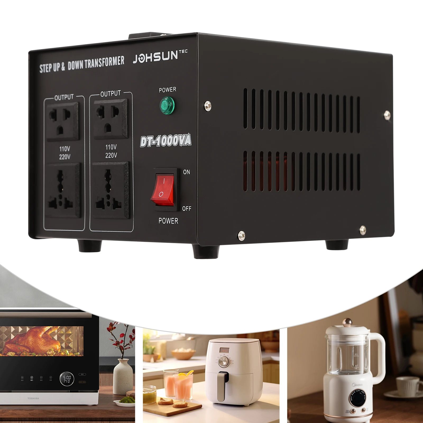 Trasformatore convertitore di tensione 1000 VA, uscita 110 V/220 V, protezione da sovraccarico, portatile con maniglia di trasporto