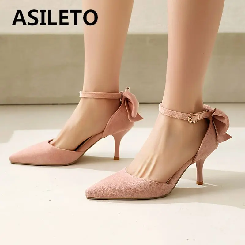 ASILETO 2025 Fashion Design Women Sandals Pointed Toe Thin Heels 7.3cm Flock Suede Buckle Strap Bowknot Sweet Shoes 44 45 46