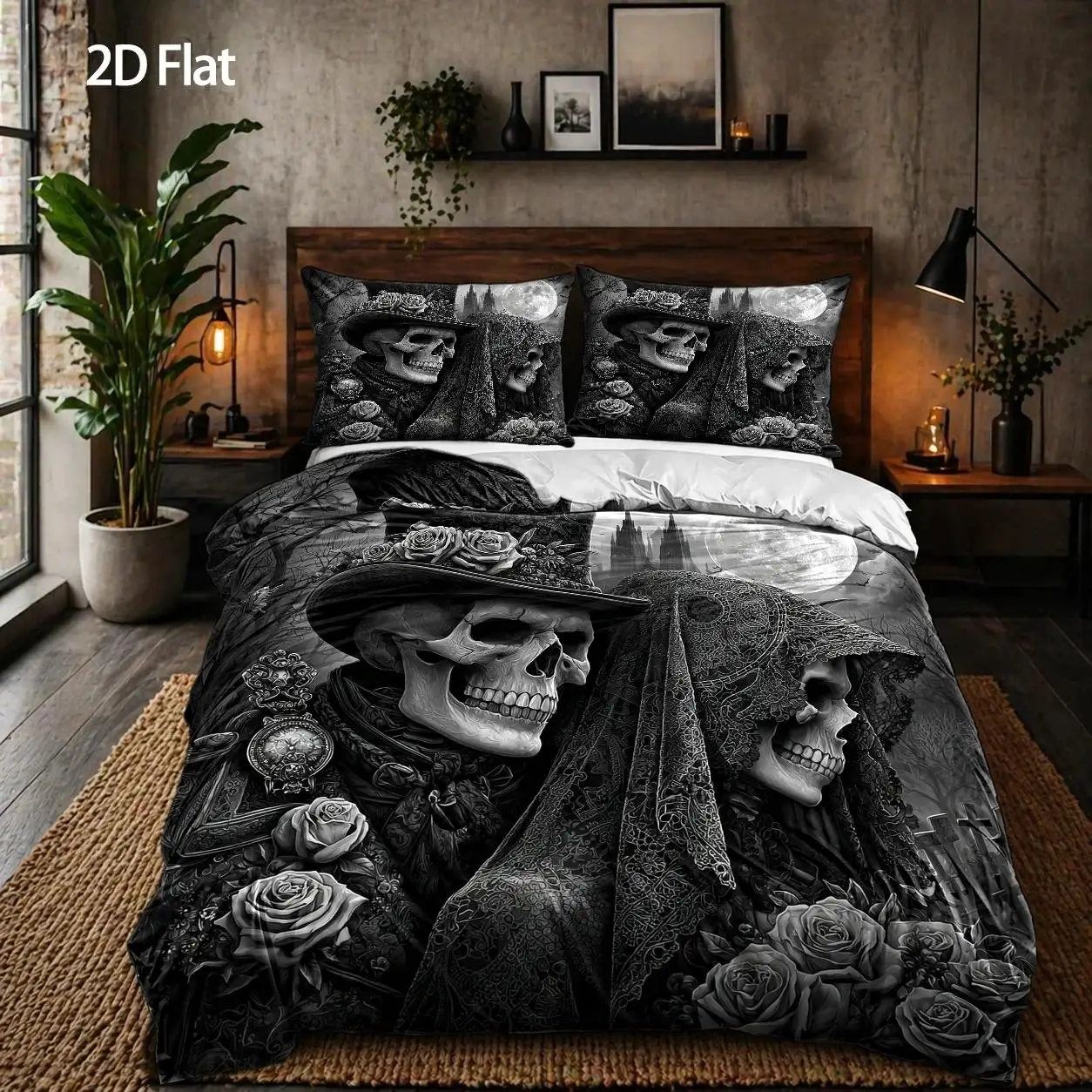 3-Piece Quilt Cover Set, 1 Quilt Cover + 2 Pillowcases (Without Filling) 2D Flat Printing, Skull Couple Theme Pattern, Retro Gothic Style, Halloween, Home Decoration, Suitable for All Seasons, Machine Washable, Large Size, Invisible Zipper, Three-Piece Bedding Set