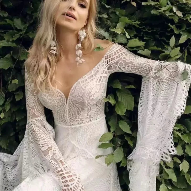 

Кружевные свадебные платья с длинными рукавами, 2025 г., свадебное платье трапециевидной формы с v-образным вырезом и аппликацией из тюля по индивидуальному заказу, Vestido De Noiva