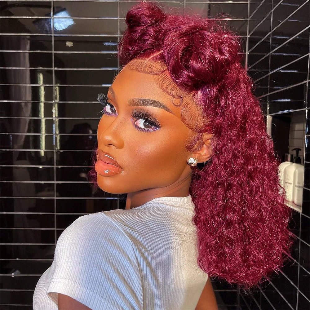

99J Colored Curly 13X4 HD Lace Front Wigs Burgundy Red Short Water Wave Cut Bob Frontal Human Hair Wigs Pre Plucked For Women
